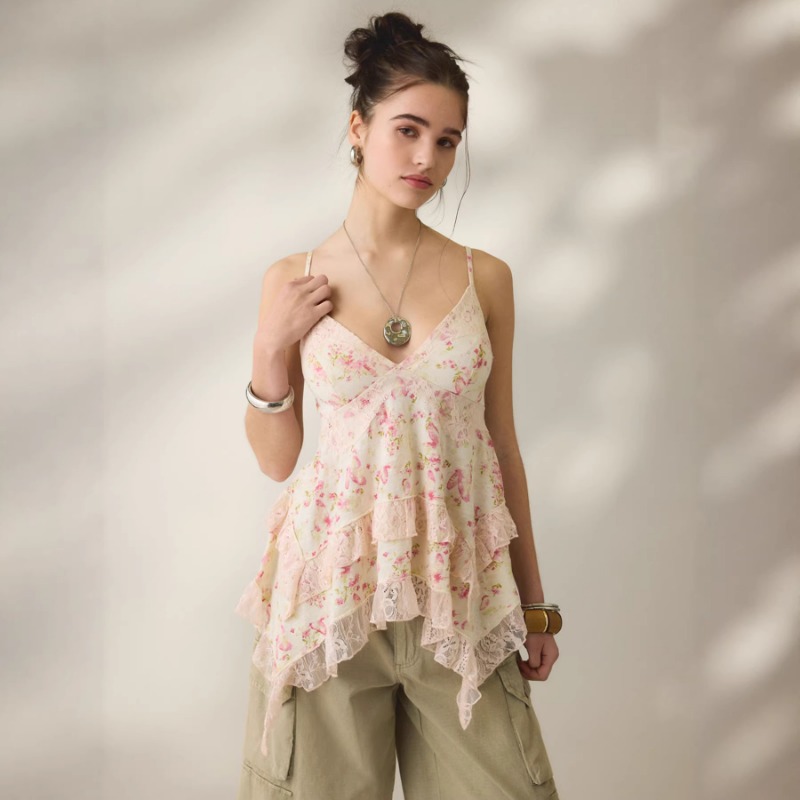 Cami Top Lace - Vintage Floral Chiffon Cami Top Lace