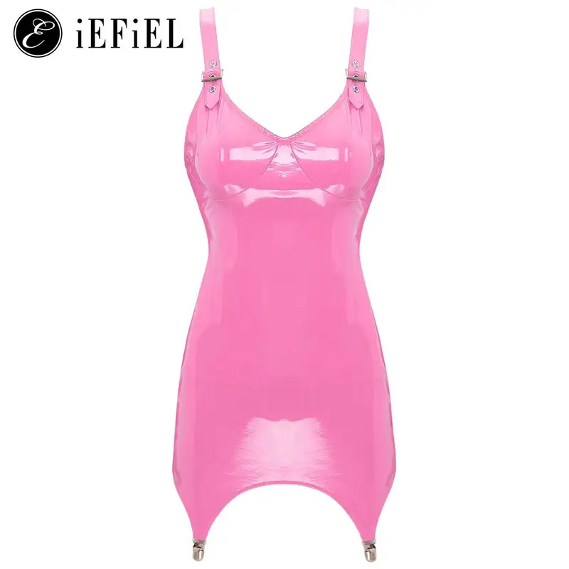 Babydoll Chemise Night - Womens Shiny Metallic PVC Leather V-Neck