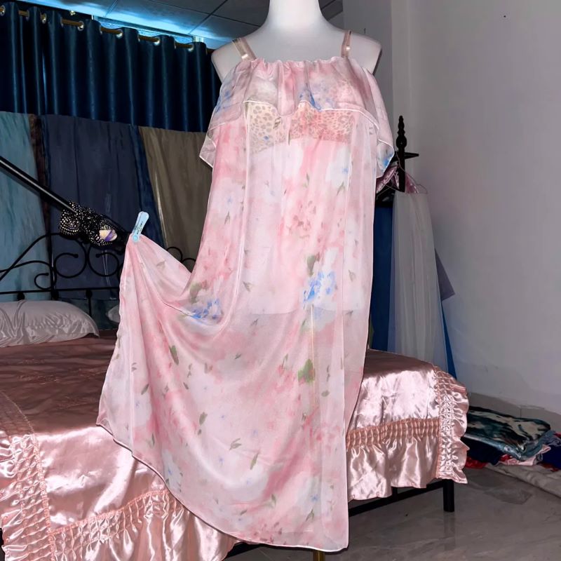 Pink Silk Printed See Through  - đánh giá và giá Robe Silk Women